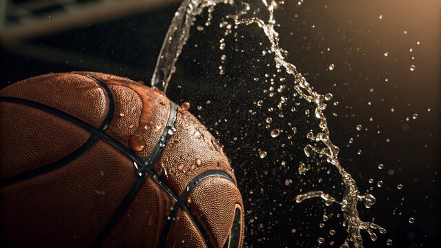 High-energy photo of water interacting with a basketball, capturing the splash and movement of liquid in a sports context. Perfect for designs related to sports events and athletic energy