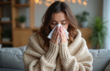 Ill woman sneezing at home wrapped in blanket. Sick female covered with warm knitted blanket, blows nose in paper tissue. Disease, virus, allergy. Home cozy indoor environment, wellness, resting.