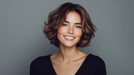 Fototapeta premium Beautiful smiling brunette woman with short wavy hair in black v-neck top isolated on grey background.