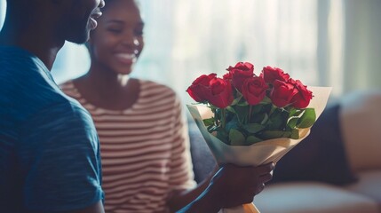 African American couple sharing a romantic moment with red roses indoors. Concept of love, romantic gestures, and affectionate relationships. Valentine's Day