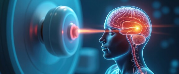 Obraz premium 3D render targeted radiation therapy attacking brain tumor. Futuristic health tech illustration of precise cancer treatment, tumour ablation with hi-tech medical equipment, modern oncology