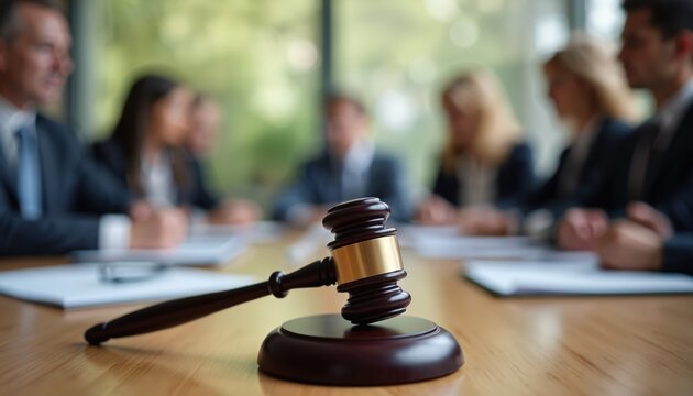 Gavel on table in focus during blurred meeting. Judges, lawyers discuss law, justice in courtroom. Legal decision process, authority, pro negotiation during conference, presentation. Teamwork,