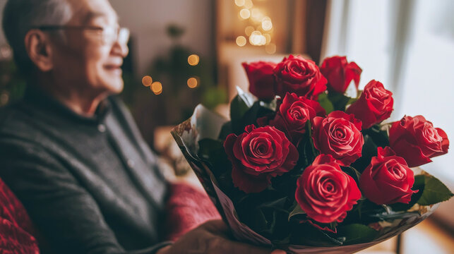 Elderly Asian Man Holding Bouquet of Red Roses in Cozy Room. Concept of Valentine's Day, love, affection, romantic gestures
