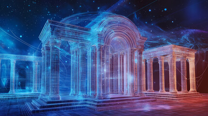 Digital temple with holographic patterns, blueprints, and 4d printed structures in a serene environment. Holographic Temples. Illustration