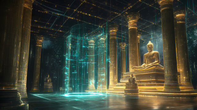 Digital temple with holographic patterns, blueprints, and 4d printed structures in a serene environment. Holographic Temples. Illustration