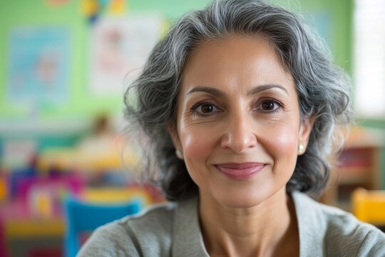 Mature hispanic woman smiling in bright classroom setting