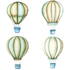Bright blue hot air balloon watercolor hand drawn set collection for kids