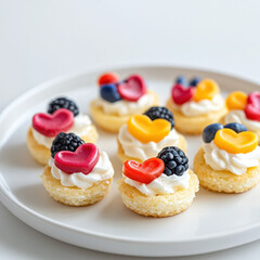 Colorful mini desserts topped with fruit and heart-shaped chocolates on a white plate, perfect for a sweet treat.