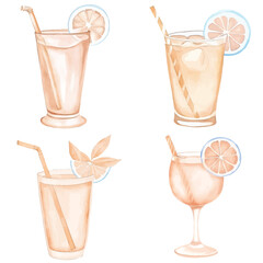 Bright blue lemonade glass watercolor hand drawn set collection