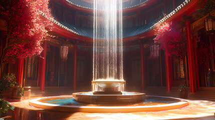 Temple's courtyard with a holographic fountain, temple, chinese, water feature. Holographic Temples. Illustration