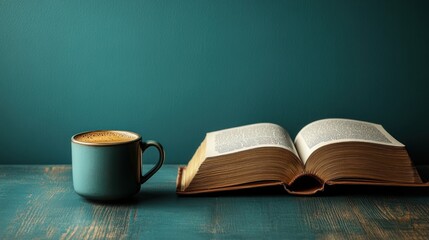 A cozy scene featuring a steaming cup of coffee beside an open book on a rustic wooden table