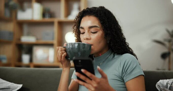 Coffee, happy and woman with smartphone, home and laughing at social media post, online and relax. Living room, drinking and person with mobile for entertainment, funny and reading of blog in house