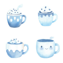 Hot cocoa mug watercolor set hand drawn