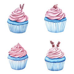 Cupcake with purple frosting watercolor set hand drawn