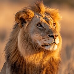 Fototapeta premium Majestic lion portrait with glowing golden mane in warm sunset light, perfect for adding your message. Generative AI
