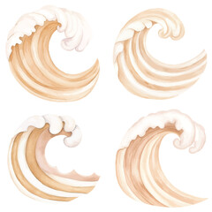 Bright blue wave watercolor hand drawn set collection