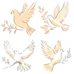 dove icon bird with a branch watercolor hand drawn illustration concept