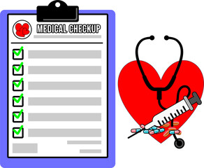 Medical checkup tools with a heart background, signifying good and compassionate health care for patients.