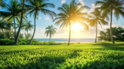 Obraz premium Tranquil Tropical Sunset Paradise: Lush Greenery, Palm Trees, and Ocean Views