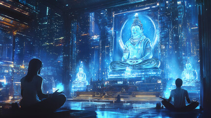 A futuristic depiction of a hindu temple in a sci-fi cityscape, with glowing holographic idols and devotees meditating using advanced tech. Holographic Temples. Illustration