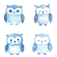 Owl watercolor set hand drawn