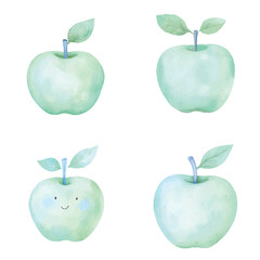 Green apple watercolor hand drawn set collection