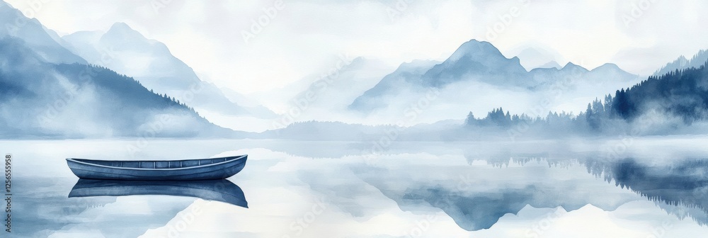 Aufkleber Serene watercolor illustration of a single rowboat on a calm mountain lake under a blank sky. Generative AI