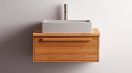 Bamboo floating vanity with a ceramic vessel sink and sustainable design