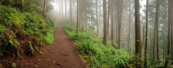 Misty forest trail with lush greenery and tall trees in mountainous environment