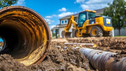 Underground Utility Installation in Residential Subdivision  Yellow Pipes, Excavated Earth, and Heavy Equipment in the Background
