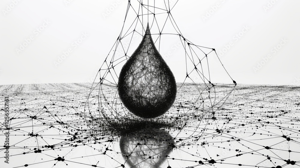 Aufkleber conceptual 3d rendering of a suspended drop-like structure surrounded by intricate wireframe network