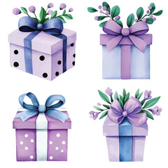 Pink gift box watercolor hand drawn set collection