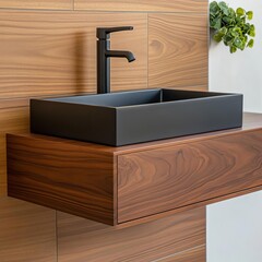 Dark walnut floating vanity with deep grain texture, warm and inviting