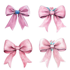 Satin bow in purple watercolor set hand drawn