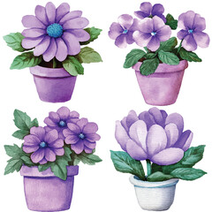 Pink flower pot watercolor set hand drawn