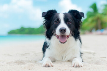 Fototapeta premium Collie beach dog happy on sand with border ocean sunshine during vacation in tropical relaxation