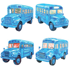 School bus watercolor hand drawn set collection