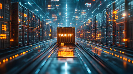 3D global trade tariffs concept with golden barrier and container ships visualization