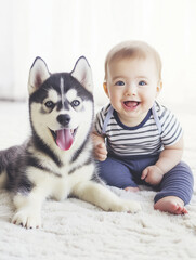 Fototapeta premium Husky puppy and smiling baby enjoying playful moments together at home, showcasing joy and innocence.