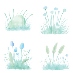 Wild grass tuft watercolor set hand drawn