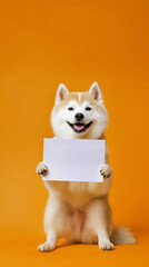 Shiba Inu dog on orange background holding paper with a happy, cute smile and playful expression