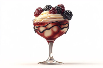 Berry parfait in a stemmed glass, featuring layers of cream, red jam, and fresh raspberries and blackberries.