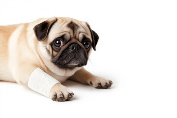 Obraz premium Pug dog with bandaged paw resting in portrait, an adorable and cute animal pet scene