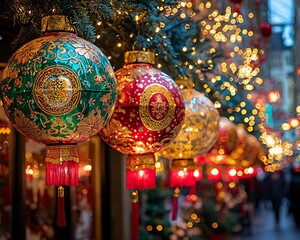 Festive lanterns illuminate a Christmas market.