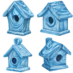 Wooden birdhouse watercolor hand drawn set collection