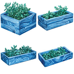 Wooden herb box watercolor hand drawn set collection