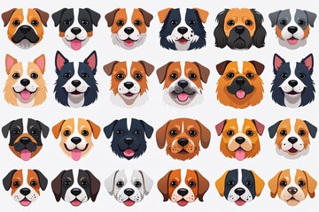 Quirky Colorful Cartoon Dog Head Icon Set Featuring Diverse Breeds and Cute Pet Faces