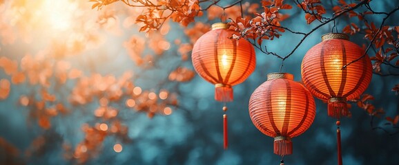 Illuminated red lanterns hanging from a tree branch, with a soft background.