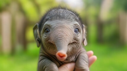 Fototapeta premium Adorable baby elephant, held gently, lush green background, wildlife conservation
