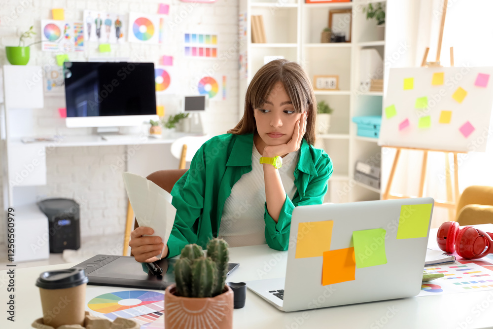 Fototapete Upset graphic designer working with color palettes at table in office